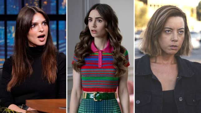 From left, Emily Ratajkowski, Lily Collins as Emily Cooper in Emily in Paris, and Aubrey Plaza as Emily in Emily the Criminal. 