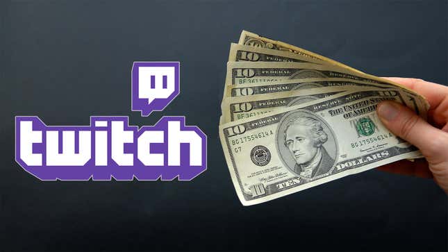 A hand holds paper bills next to a Twitch logo.