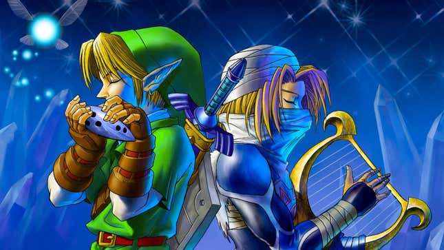 Promotional art for The Legend of Zelda: Ocarina of Time showing Link and Sheik back-to-back, with Link playing the ocarina and Sheik strumming a harp.