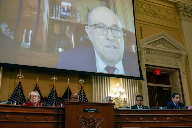 Video from a deposition with former President Trump advisor Rudy Giuliani is played during a hearing by the Select Committee to Investigate the January 6th Attack on the U.S. Capitol in the Cannon House Office Building on June 13, 2022, in Washington, DC.