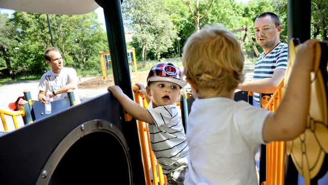 paternity leave father parental leave In this Wednesday, June 29, 2011 photo, Henrik Holgersson, right, watches his son, Arvid, center with hat, play with Walter Johansson accompanied by his father Henrik Johansson at a playground in Stockholm. Holgersson has split Sweden's generous parental leave with his girlfriend Jenny Karlsson and is spending eight months at home with their child. Holgersson, who normally works as a rigger at an event company, says his time with his son as a stay-at-home dad is one of the best in his life. (AP Photo/Niklas Larsson