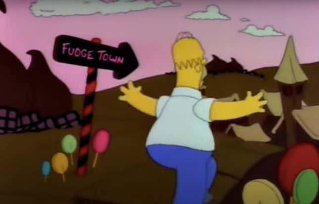 Homer Simpson running past a sign that reads "FUDGE TOWN"