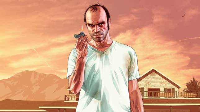 A man in a white shirt stands in front of a house while holding up a lighter.