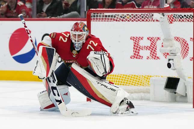 May 22, 2023; Sunrise, Florida, USA; Florida Panthers goaltender Sergei Bobrovsky (72) guards the net against the Carolina Hurricanes during the first period in game three of the Eastern Conference Finals of the 2023 Stanley Cup Playoffs at FLA Live Arena.