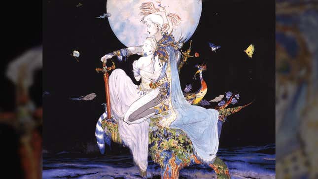 Final Fantasy V illustration by artist Yoshitaka Amano shows Bartz and Lenna embracing in the moonlight. 