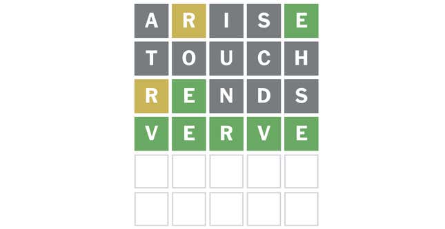 Wordle board: ARISE, with yellow R and green E. TOUCH, with no hits. RENDS, with yellow R and green E. Finally, VERVE, all green.