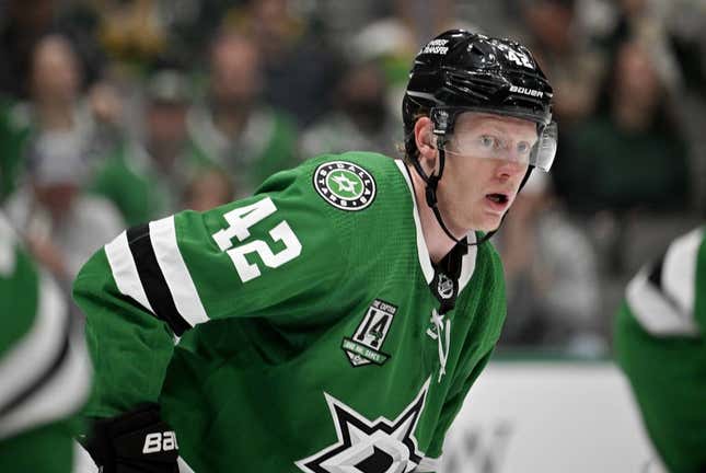 Mar 4, 2023; Dallas, Texas, USA; Dallas Stars left wing Fredrik Olofsson (42) waits for the face-off against the Colorado Avalanche during the third period at the American Airlines Center.