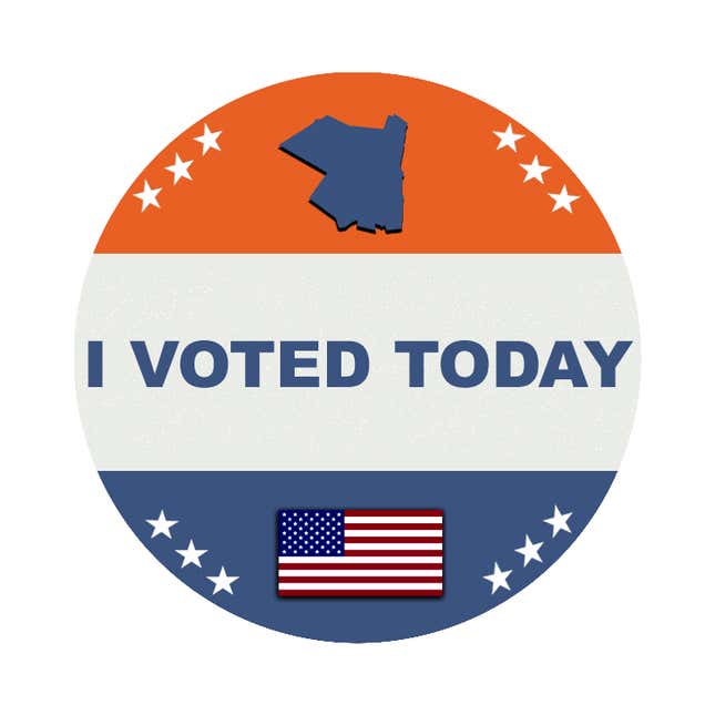 A sticker with the words "I Voted Today" is shown. An outline of New York State is shown at the top and a U.S. flag is shown at the bottom.