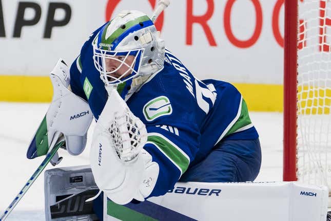 Nov 3, 2022; Vancouver, British Columbia, CAN; Vancouver Canucks goalie Spencer Martin (30) makes a save against the Anaheim Ducks in the second period at Rogers Arena.