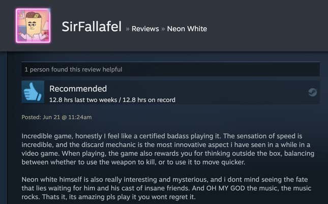 Image for article titled Neon White’s Steam Reviews Are Horny As Hell