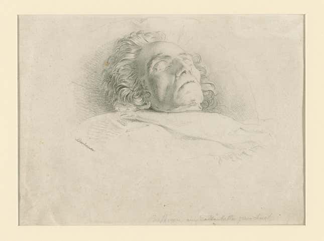 A lithograph of Beethoven on his deathbed.