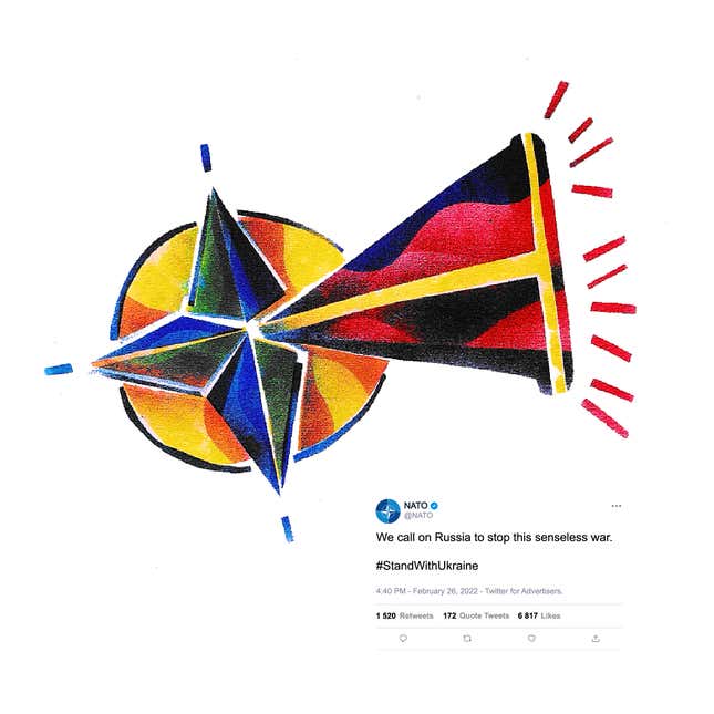 The NATO logo with a megaphone, one of the NFTS