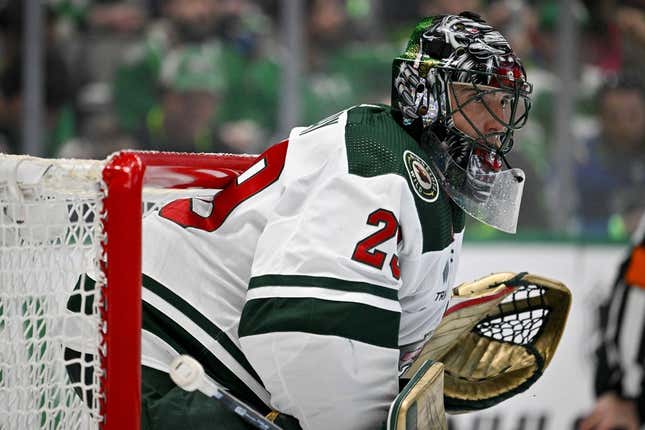 Apr 19, 2023; Dallas, Texas, USA; Minnesota Wild goaltender Marc-Andre Fleury (29) in action during the game between the Dallas Stars and the Minnesota Wild in game two of the first round of the 2023 Stanley Cup Playoffs at American Airlines Center.