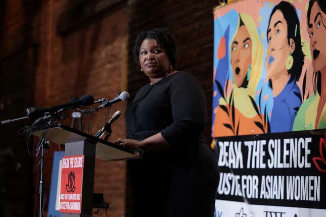 Georgia gubernatorial Democratic candidate Stacey Abrams gives remarks at “The Asian Justice Rally – Break the Silence” event at the Georgia Railroad Freight Depot on March 16, 2022, in Atlanta, Georgia. A coalition of Asian American non-profit organizations held the event to honor the eight lives lost, six of whom were Asian women, one year ago at the metro Atlanta shooting spree that took place at three different Spas. 