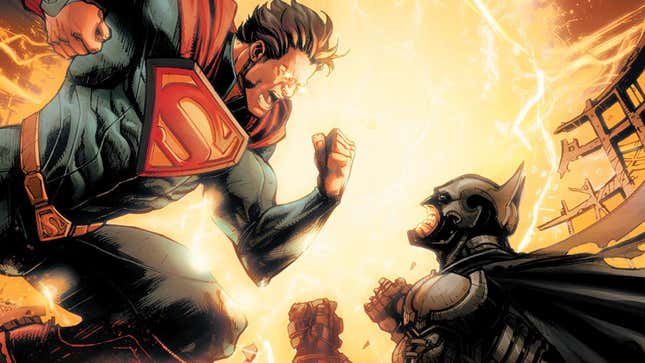 Cover of Injustice: Year One: The Complete Collection illustration by Jheremy Raapack features Superman with a chinstrap going head to head with Batman..