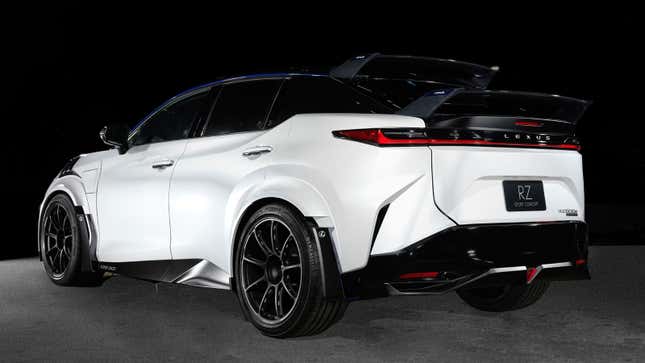 A photo of the rear quarter of the black and white Lexus RZ SUV concept car.