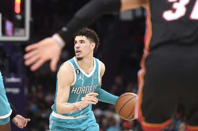 Jan 29, 2023; Charlotte, North Carolina, USA; Charlotte Hornets guard LaMelo Ball (1) looks to pass during the second half against the Miami Heat at the Spectrum Center.