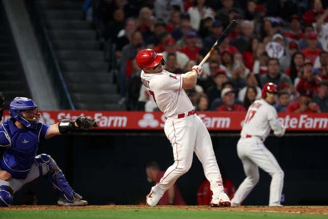 Apr 8, 2023; Anaheim, California, USA;  Los Angeles Angels center fielder Mike Trout (27) hits a 3-run home run during the fifth inning against the Toronto Blue Jays at Angel Stadium.