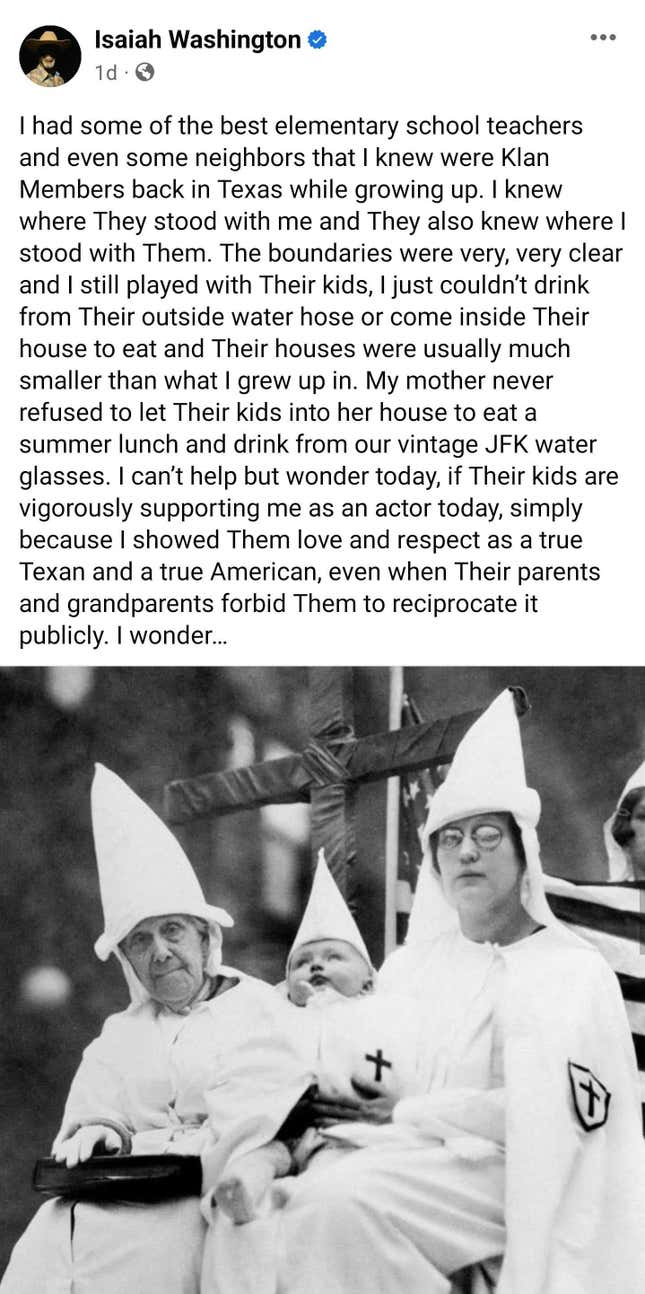 Image for article titled What in the Ku Klux Clownery? Isaiah Washington's Questionable Remarks Set Social Media Ablaze