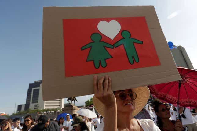 A woman holds a cardboard sign as thousands of Catholics and conservatives gather against the legalization of gay marriage.