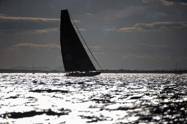 Imoca class sailing boat and VO65 boat takes the start of the 2023 Ocean Race off Alicante 