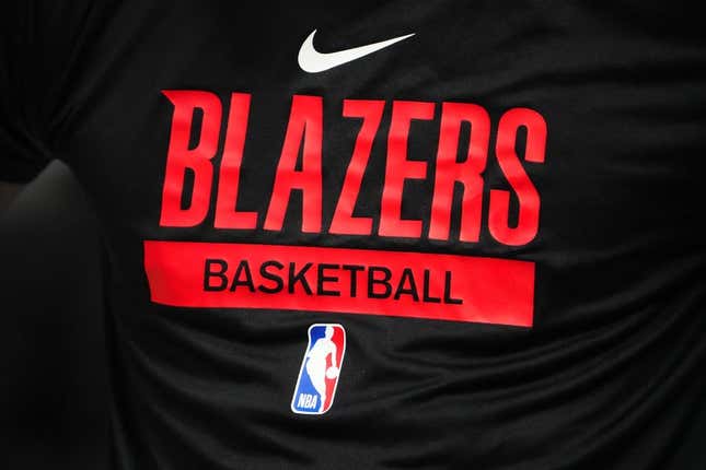 Jan 17, 2023; Denver, Colorado, USA; Detailed view of a Portland Trail Blazers logo warmup jersey before the game against the Denver Nuggets at Ball Arena.