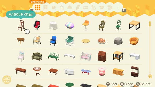 An Animal Crossing: New Horizons menu listing icons for different types of furniture. 