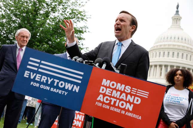 Sen. Chris Murphy ( D-CT) addresses a rally with fellow Senate Democrats and gun control advocacy groups outside the U.S. Capitol on May 26, 2022, in Washington, DC.