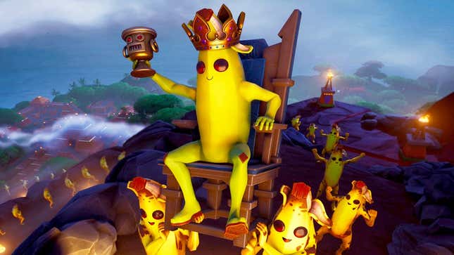 Fortnite's Peely sits on a throne wearing a crown and raising a goblet as other anthropomorphic bananas carry him forward. 