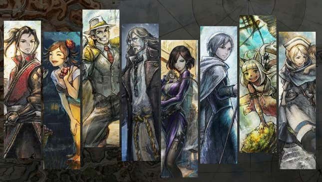 Illustrations of the cast of Octopath Traveler II show each character engaging in various heroics.