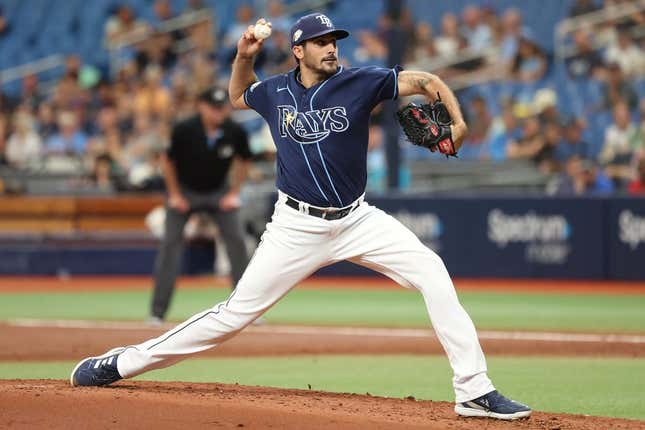 May 25, 2023; St. Petersburg, Florida, USA; Tampa Bay Rays starting pitcher Zach Eflin (24) throws a pitch during the second inning against the Toronto Blue Jays at Tropicana Field.