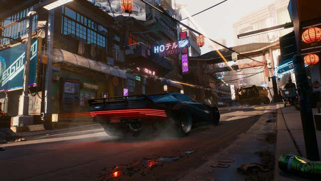 A fancy futuristic car speeds down a street in Night City.