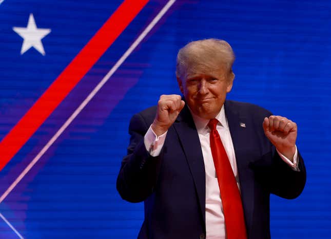 Former U.S. President Donald Trump gestures during the Conservative Political Action Conference (CPAC) at The Rosen Shingle Creek on February 26, 2022 in Orlando, Florida. CPAC, which began in 1974, is an annual political conference attended by conservative activists and elected officials.