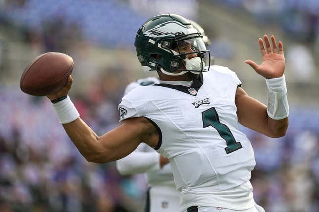 Aug 12, 2023; Baltimore, Maryland, USA;  Philadelphia Eagles quarterback Jalen Hurts (1) warms up before the game against the Baltimore Ravens at M&amp;amp;T Bank Stadium.