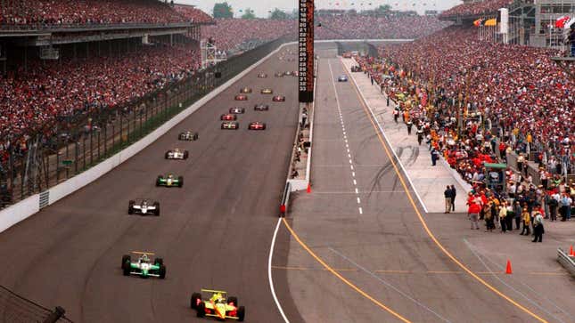 Tony Stewart leads the field at the 1996 Indianapolis 500.