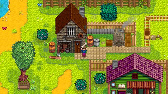 A Stardew Valley farmer holds a single bone above their head in a field with houses and trees and shrubs.