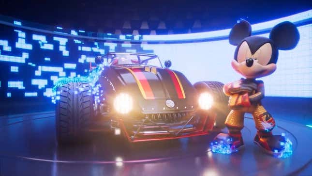 Mickey looks slightly sleepy next to his kitted-out race car.