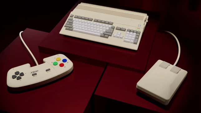 A photo of the new mini Amiga with its controller and mouse. 