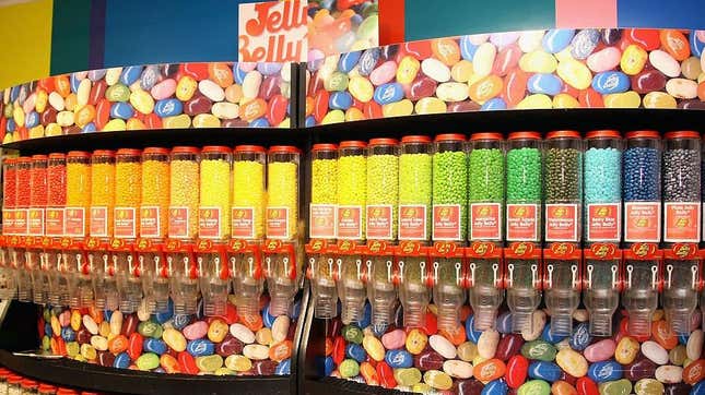 Jelly Belly display of many flavors in wall dispensers 