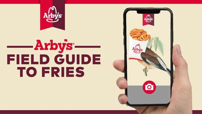 Arby's graphic of a hand holding a phone showing off the Arby's Field Guide to Fries app