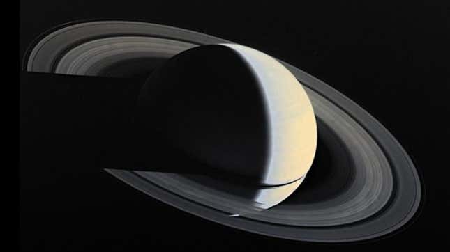 An image of Saturn and its rings taken by the Voyager space probe. 