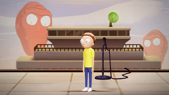  A screenshot shows Morty standing alone on a stage while Cromulons watch.
