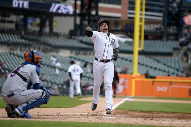 May 3, 2023; Detroit, Michigan, USA; Detroit Tigers shortstop Javier Baez (28) celebrates after hitting a home run against the New York in the third inning at Comerica Park.
