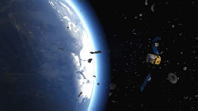 Conceptual image of space junk in Earth orbit. 