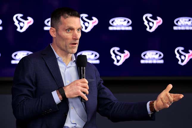 Feb 2, 2023; Houston, TX, USA; Houston Texans general manager Nick Caserio speaks to the media during his introductory press conference at NRG Stadium.