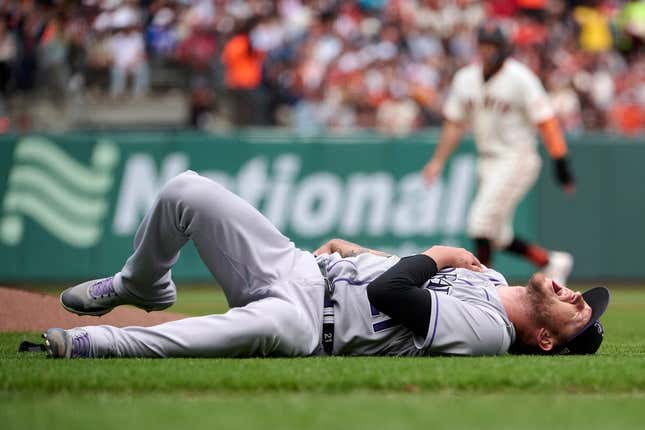 Jul 9, 2023; San Francisco, California, USA; Colorado Rockies pitcher Kyle Freeland (21) lies on field after injuring his right shoulder against the San Francisco Giants during the seventh inning at Oracle Park.