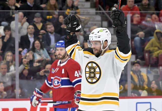 Jan 24, 2023; Montreal, Quebec, CAN; Boston Bruins forward David Krejci (46) celebrates after scoring a goal against the Montreal Canadiens during the third period at the Bell Centre.