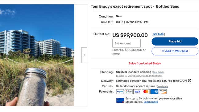 Image for article titled OnlySands: Nearly $100K bid for jar of Tom Brady retirement beach