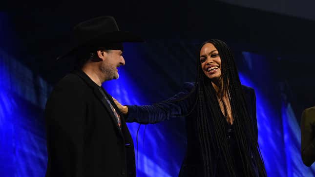 Ahsoka showrunner Dave Filoni and Rosario Dawson onstage at Star Wars Celebration 2023.