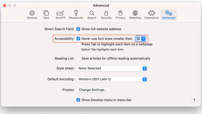Set a minimum font size for all websites in Safari on Mac.